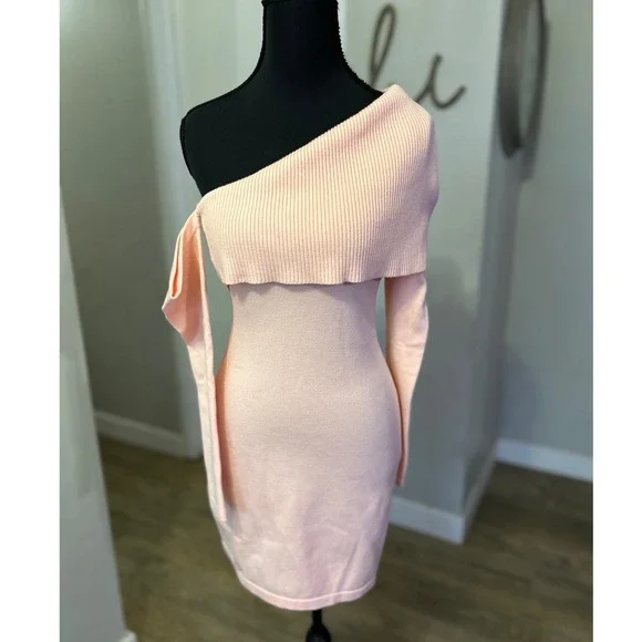MINKPINK Ribbed Off Shoulder Long Sleeve Kaia Mini Dress Small in Peach New‎ - Picture 3 of 8